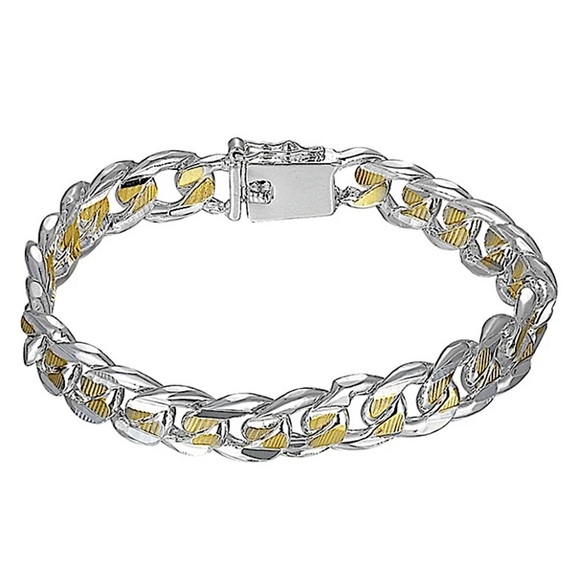 Cuban Chain Link Sterling Silver Gold Two Tone Silver Unisex Bracelet - Picture 3 of 6
